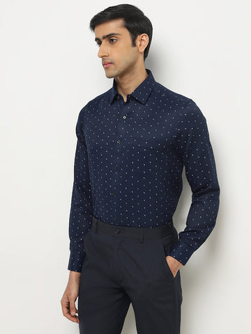 WES Formals Navy Printed Slim-Fit Cotton Shirt