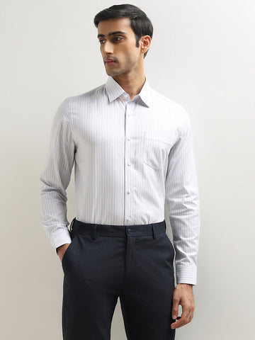 WES Formals White Stripe Pattern Slim-Fit Cotton Shirt