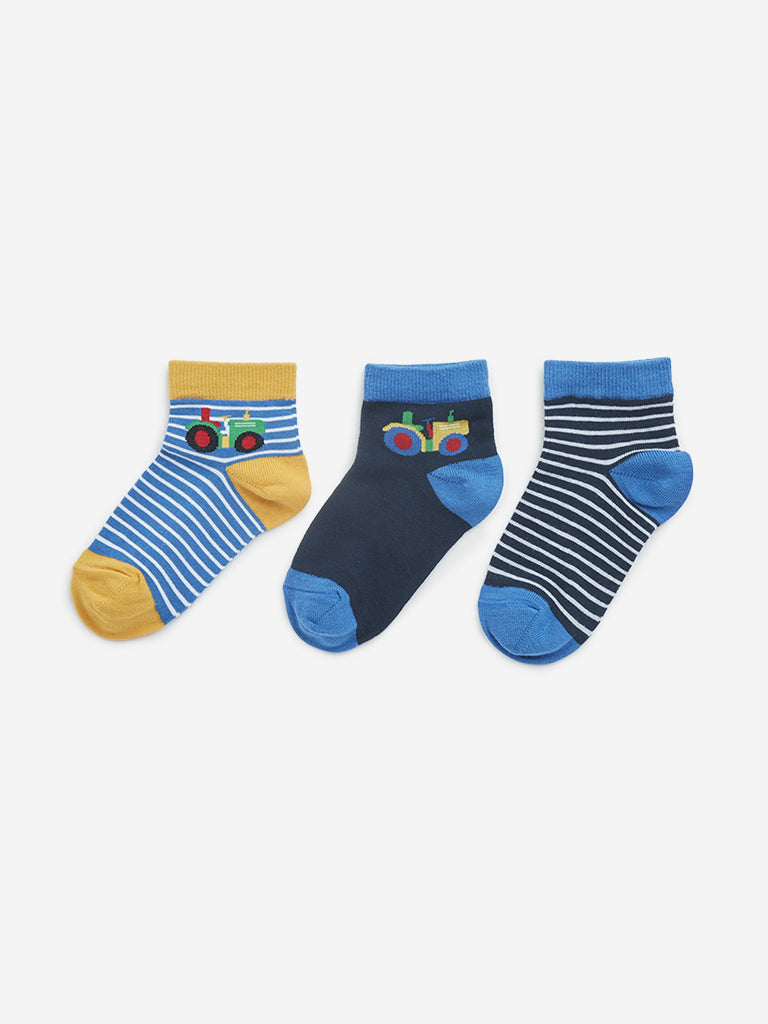 HOP Kids Blue Tractor Printed Socks - Pack of 3