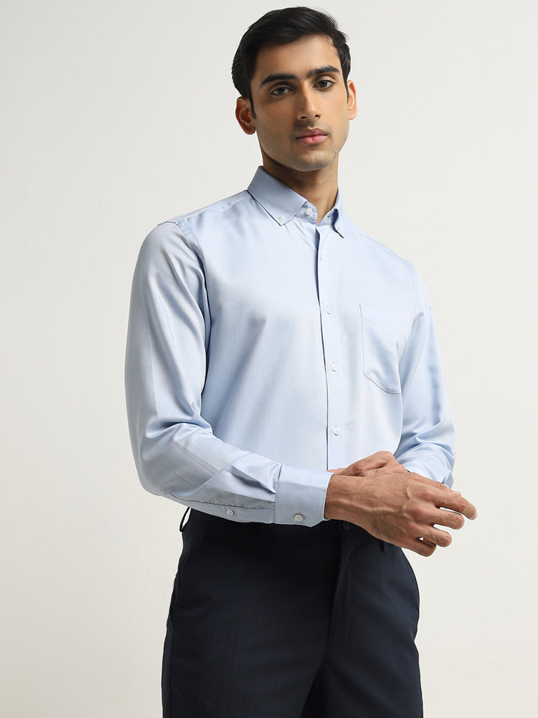 WES Formals Blue Slim-Fit Cotton Shirt