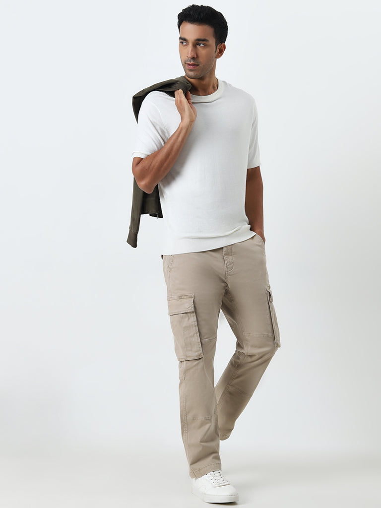 WES Casuals Beige Cargo-Style Relaxed-Fit Mid-Rise Cotton Blend Chinos