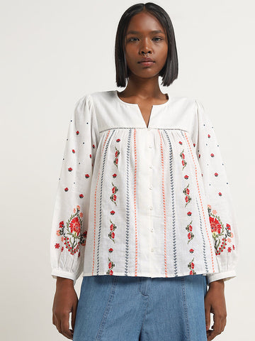 Bombay Paisley White Floral Embroidered Cotton Blouse