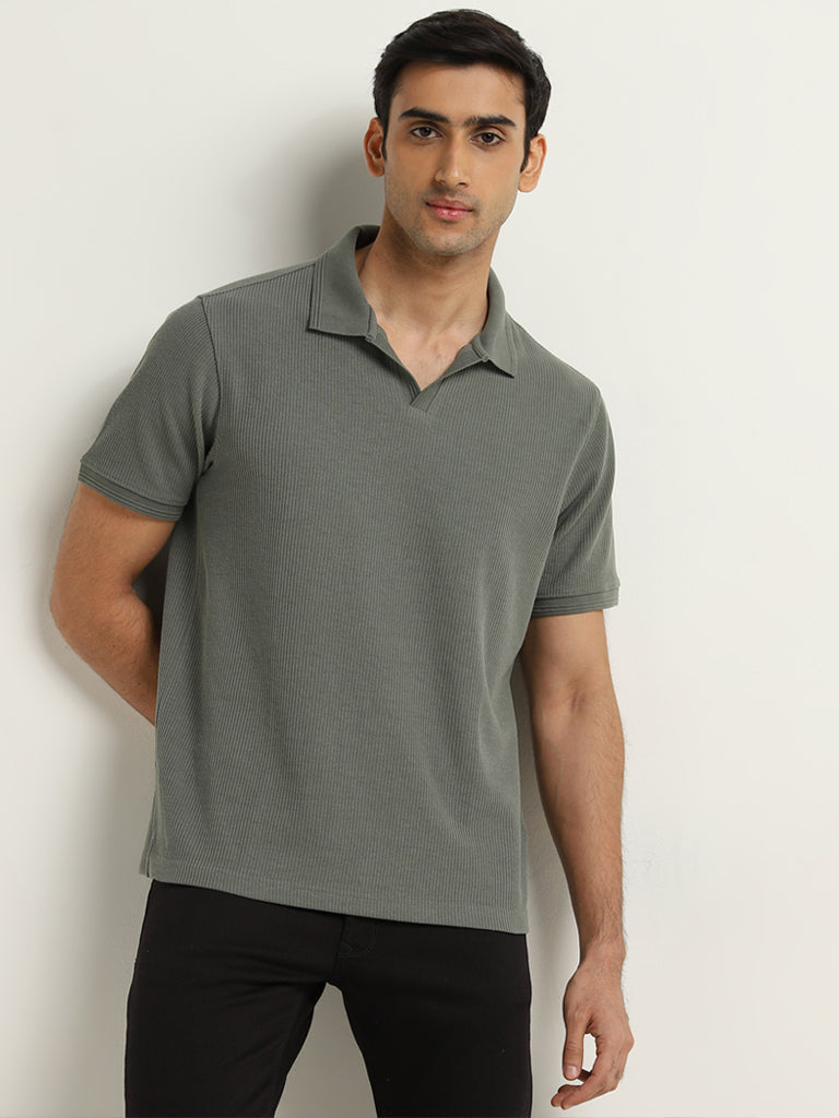 WES Casuals Dusty Olive Relaxed-Fit Cotton Polo T-Shirt