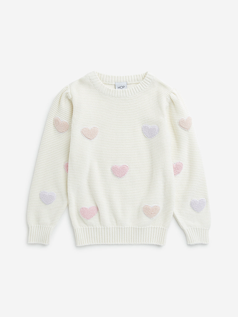 HOP Kids Off-White Heart Embroidered Cotton Sweater