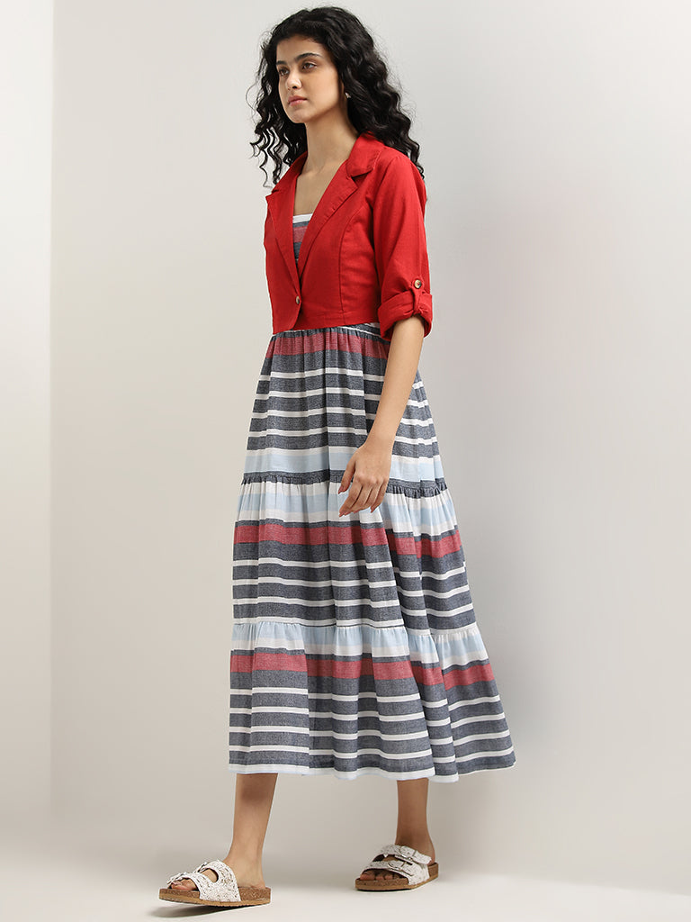 Bombay Paisley Red Tiered Cotton Blend Dress with Jacket