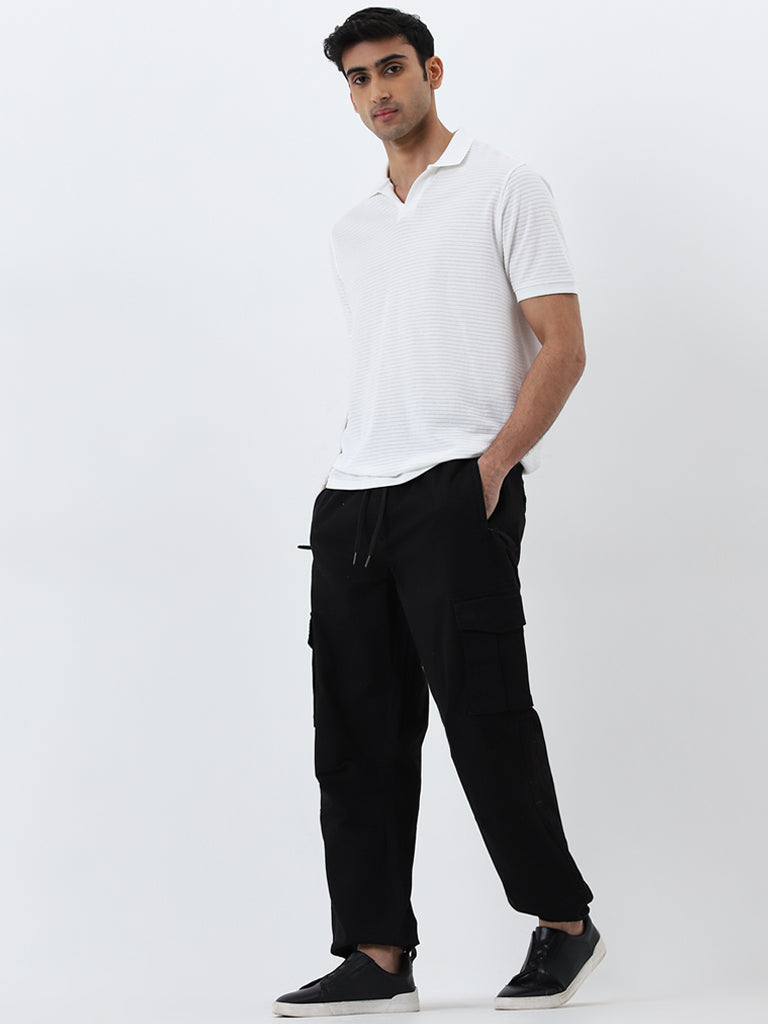 WES Casuals Black Relaxed-Fit Mid-Rise Cotton Blend Chinos