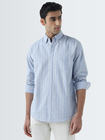 WES Casuals Blue Striped Design Relaxed-Fit Cotton Shirt