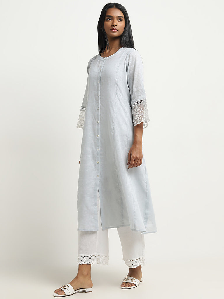 Utsa Light Blue Floral Embroidered A-Line Cotton Kurta