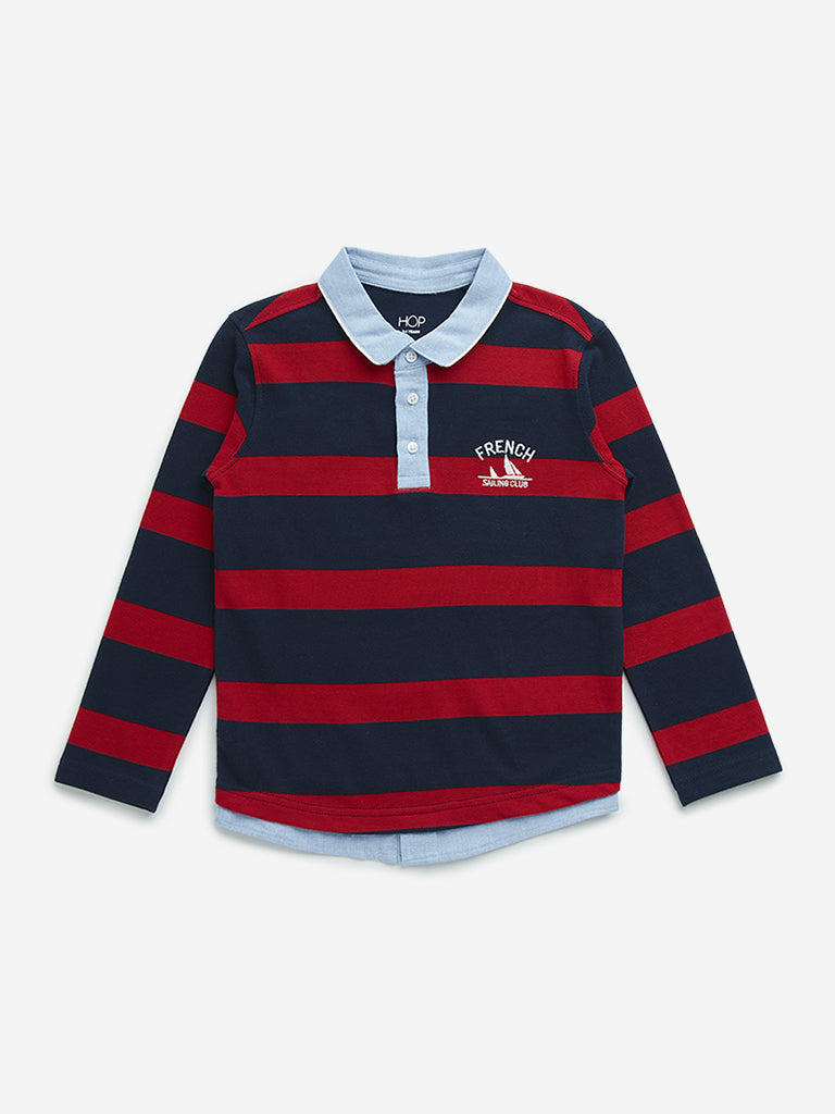 HOP Kids Navy & Red Striped Cotton Polo T-Shirt