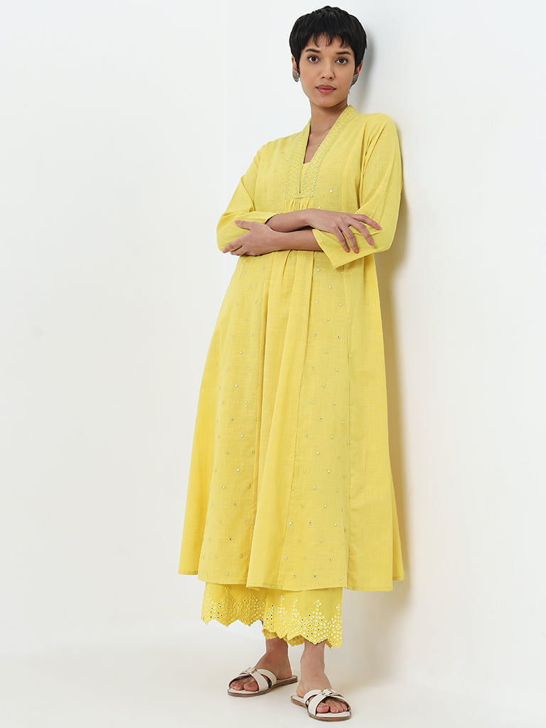 Utsa Yellow Mirror-Work A-Line Cotton Kurta