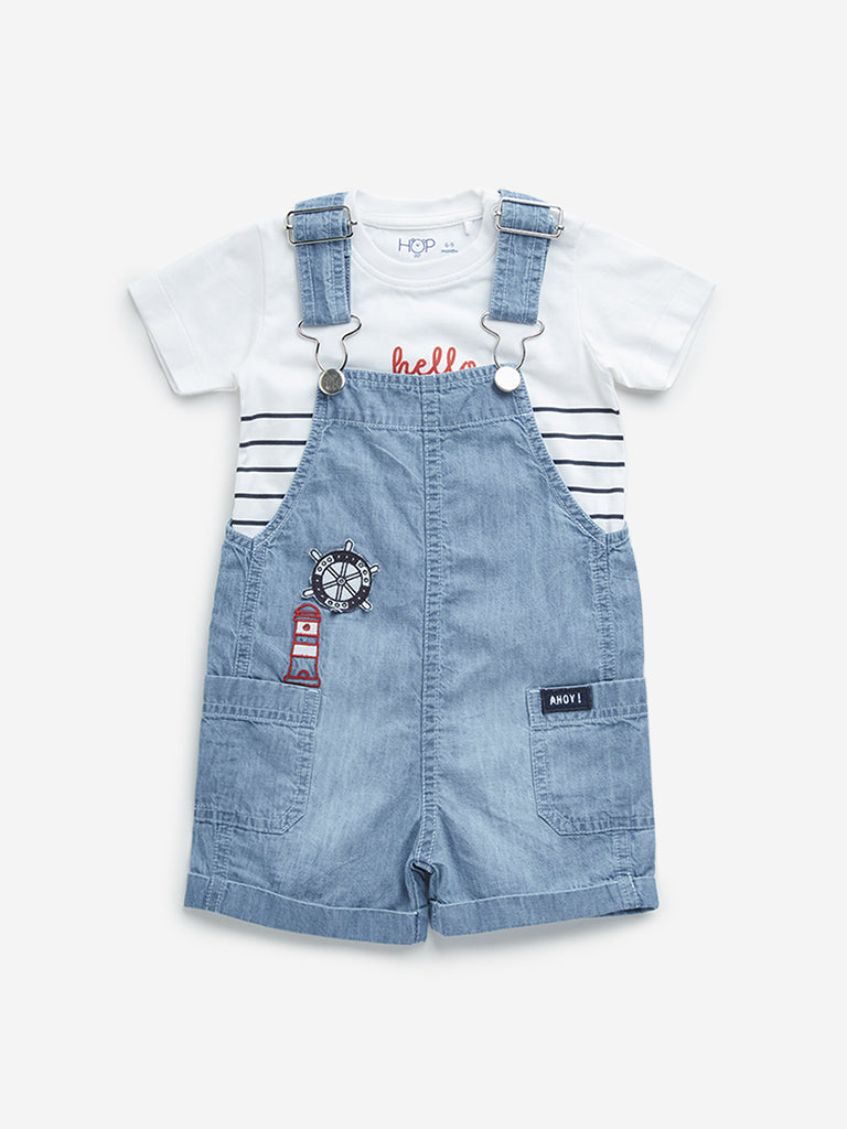 HOP Baby Blue Denim Dungaree & White Striped Cotton T-Shirt Set