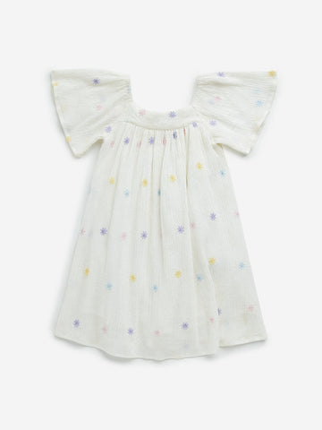 HOP Kids Off-White Floral Embroidered A-Line Cotton Dress