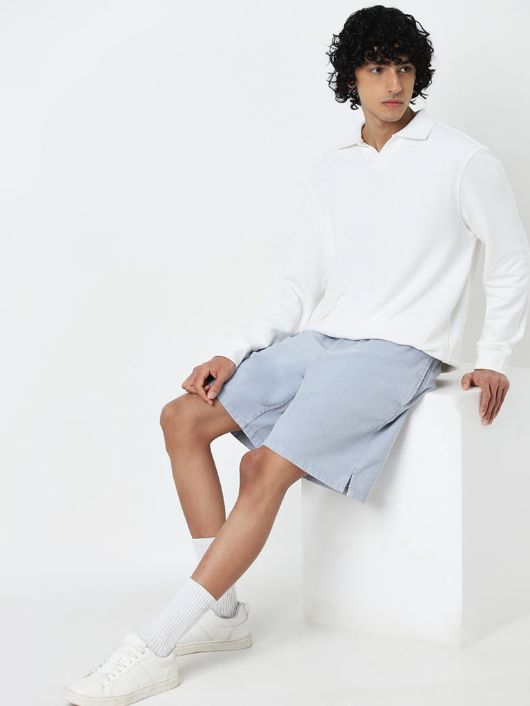 Nuon Light Blue Relaxed Fit Mid-Rise Cotton Shorts