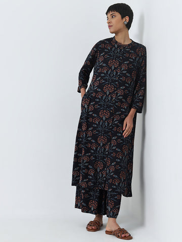 Utsa Navy Botanical Printed A-Line Cotton Kurta