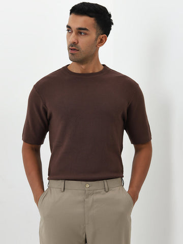 WES Formals Dark Brown Slim-Fit Cotton Blend T-Shirt