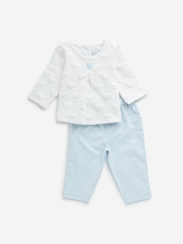 HOP Baby Blue & White Heart Embossed Top & Ribbed Pants Set