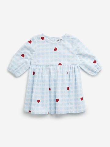 HOP Baby Light Blue Heart Printed A-Line Cotton Dress