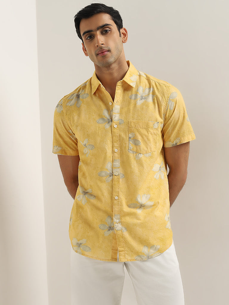 WES Casuals Mustard Floral Printed Slim-Fit Cotton Shirt