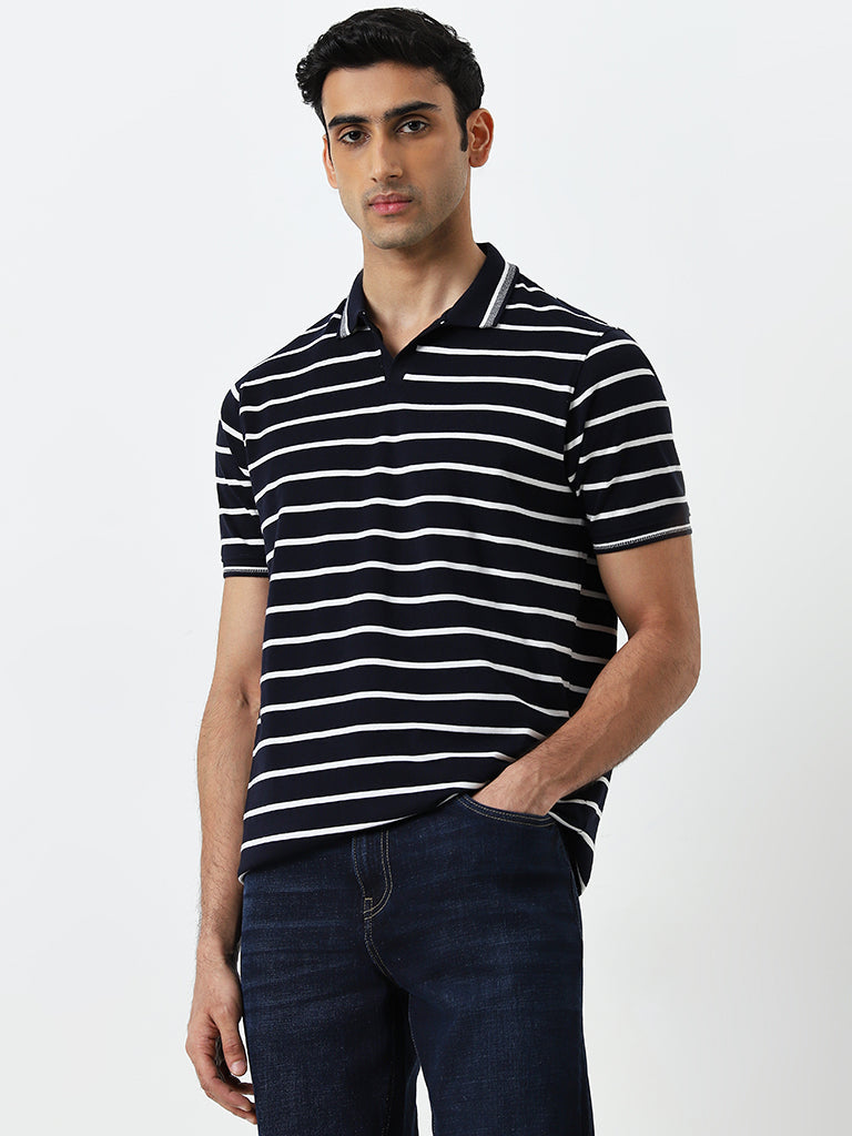 WES Casuals Navy Striped Relaxed-Fit Polo T-Shirt