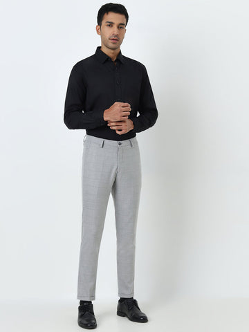 WES Formals Grey Checkered Carrot-Fit Mid-Rise Trousers