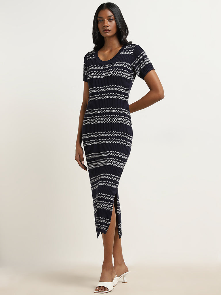 Wardrobe Navy Ribbed-Textured Bodycon Dress