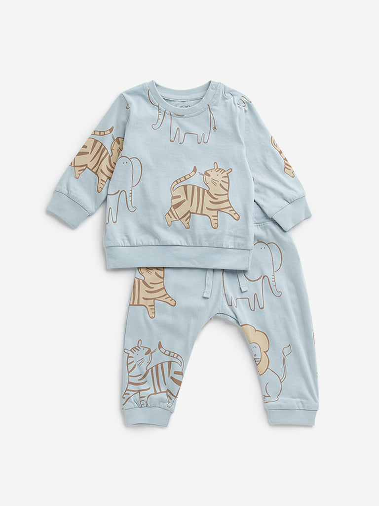 HOP Baby Mint Animal Printed Cotton T-Shirt with Pants Set