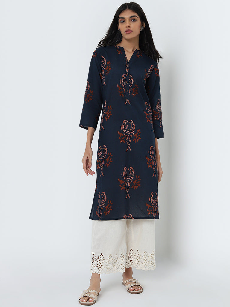 Utsa Indigo Bird Printed Straight Cotton Kurta