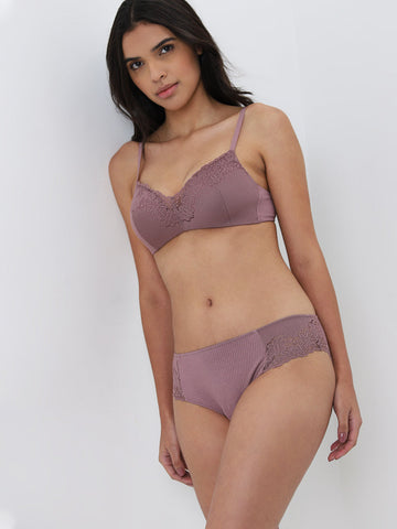 Wunderlove Mauve Floral Lace Design Ribbed Brief