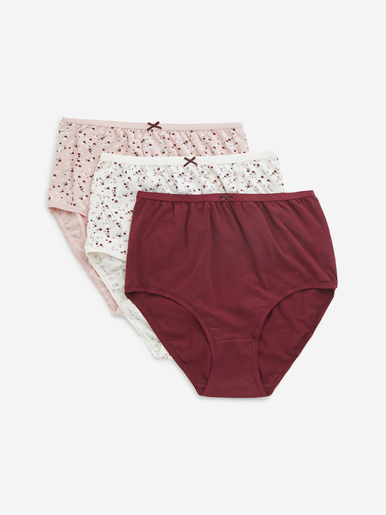 Wunderlove Maroon Printed Cotton Blend Briefs - Pack of 3