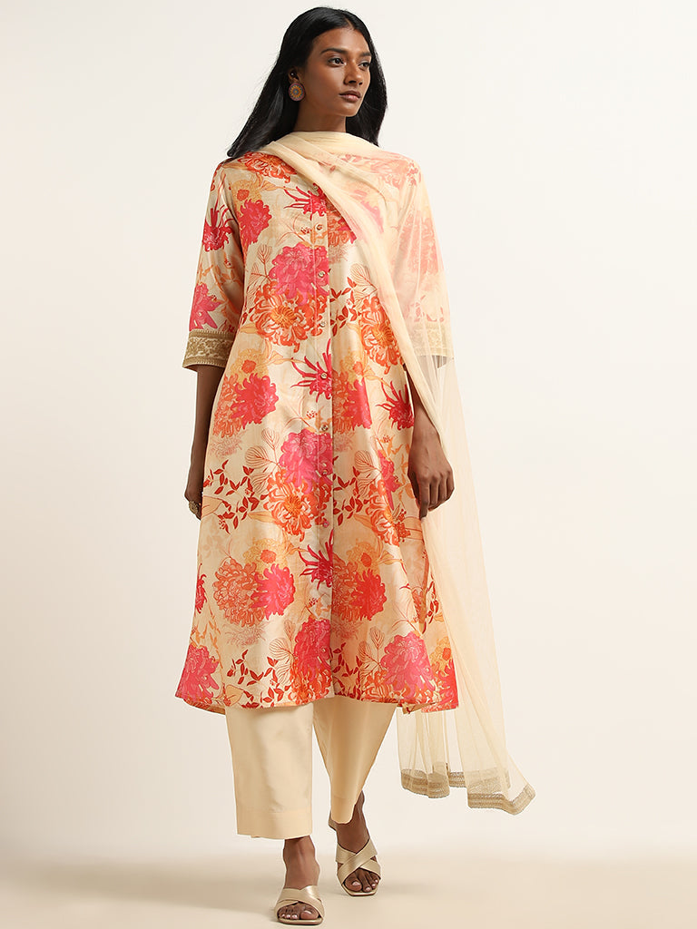 Vark Multicolour Floral Kurta, Palazzos and Dupatta Set