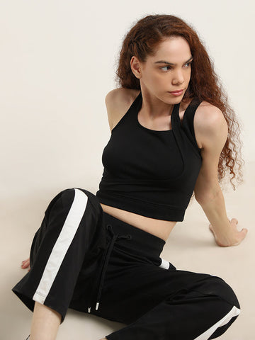 Studiofit Black Cut-Out Design Cotton Blend Crop Top