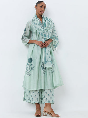 Zuba Sea Green Floral Printed A-Line Kurta with Inner