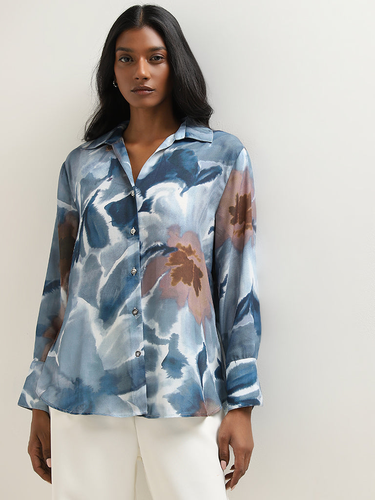 Wardrobe Dusty Blue Foliage Printed Shirt