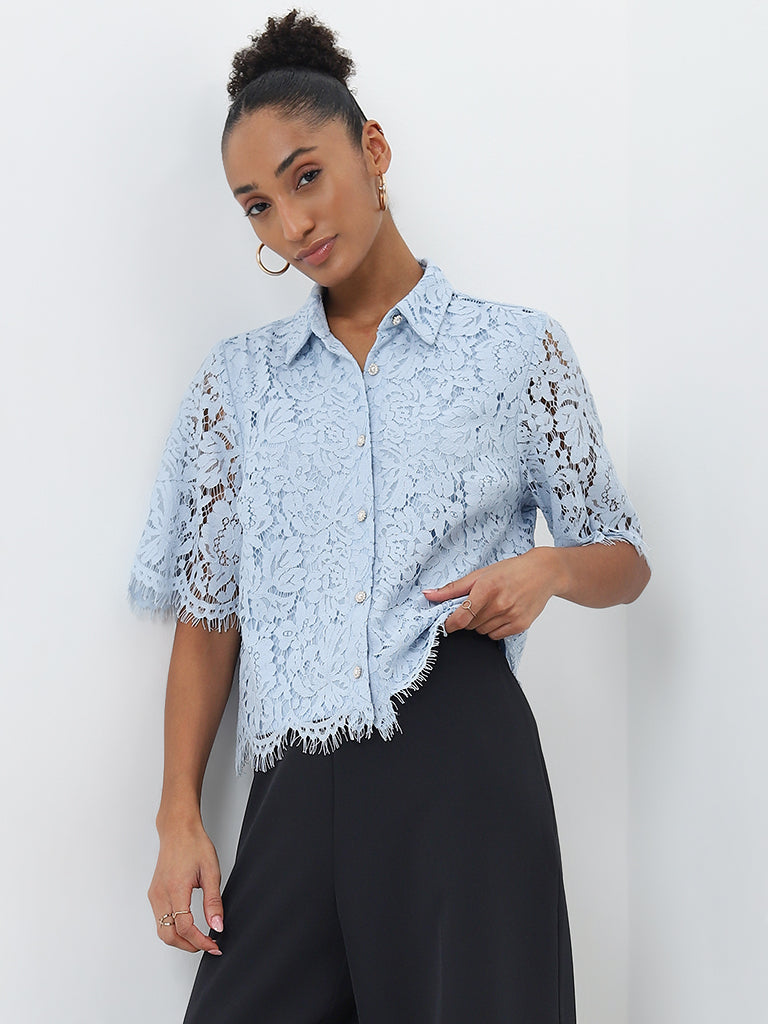 Wardrobe Light Blue Lace Design Shirt