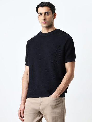 Ascot Dark Navy Knit Textured Relaxed-Fit Cotton T-Shirt