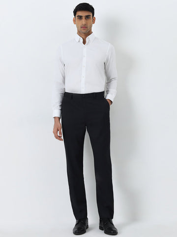 WES Formals Black Mid-Rise Slim-Fit Trousers