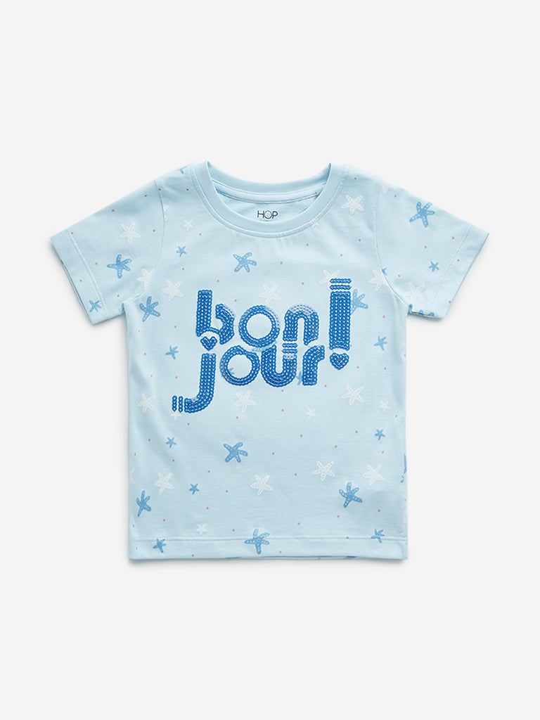 HOP Kids Blue Embellished Text Design Cotton T-Shirt