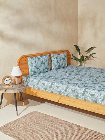 Westside Home Sage Leaf Printed King Bed Flat Sheet and Pillowcase Set