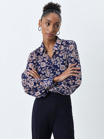 Wardrobe Blue Floral Printed Shirt with Camisole