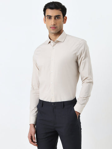 WES Formals Beige Solid Ultra Slim-Fit Cotton Blend Shirt