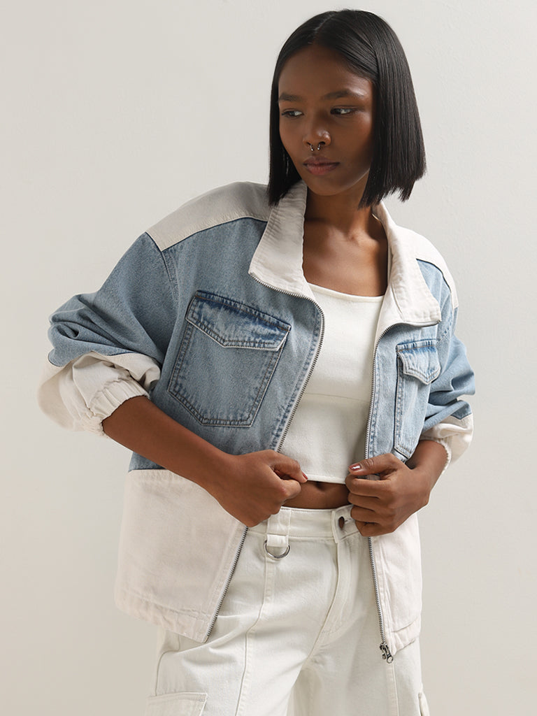 Nuon Light Blue Colour-Blocked Denim Jacket