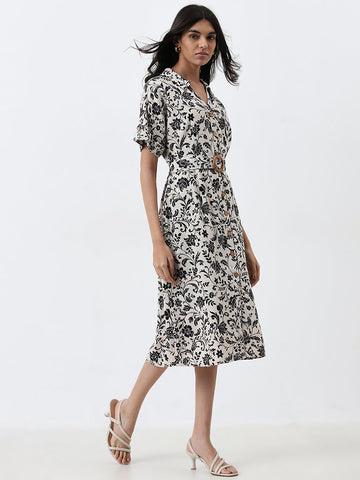 LOV Beige Floral Design Shirt Dress