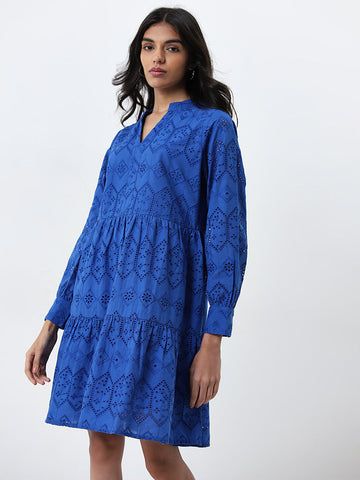 LOV Blue Schiffli Design A-line Cotton Dress