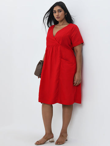 Gia Red Gathered A-Line Cotton Dress