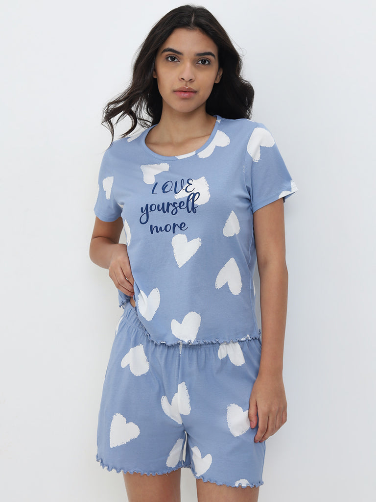 Wunderlove Blue Heart Printed Cotton Shorts In A Bag