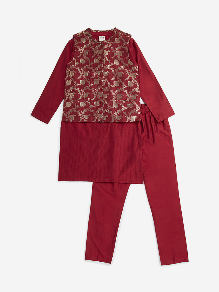 Utsa Kids Red Floral Design Jacket, Kurta and Pants Set (8-14 years)