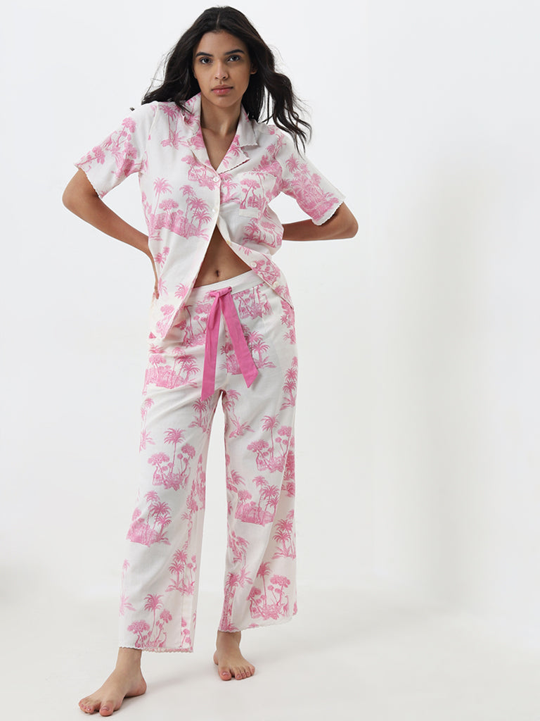 Wunderlove Pink Printed Cotton Shirt with Pyjamas Set