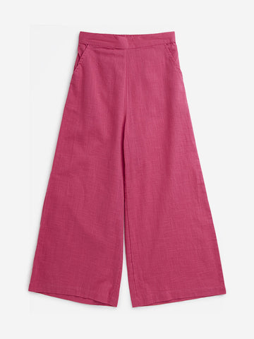 Utsa Kids Dark Pink Solid Mid-Rise Cotton Palazzos (8-14 years)