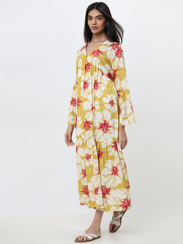 Utsa Yellow Floral Printed A-Line Dress