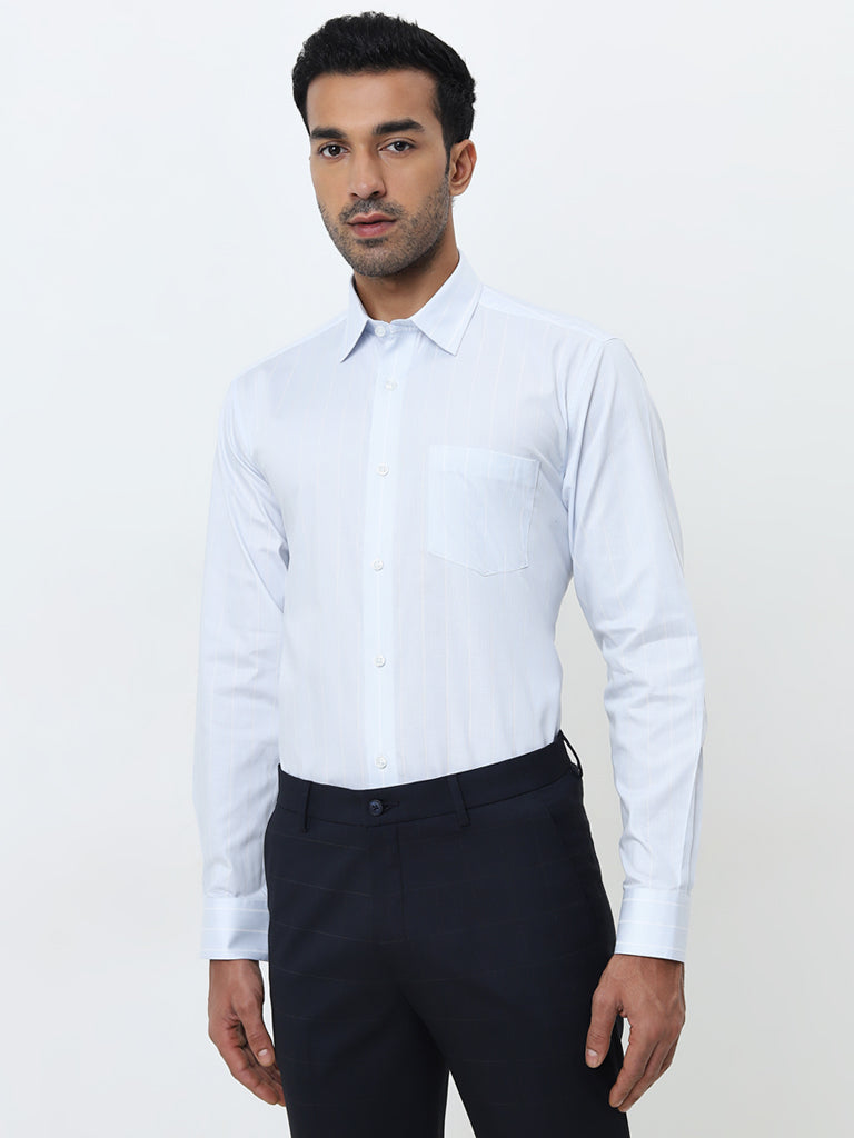 WES Formals Light Blue Striped Relaxed-Fit Cotton Shirt